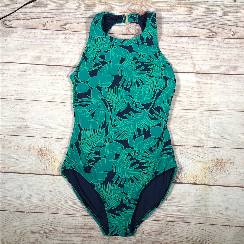 Lands' End Green Tropical Leaf One-Piece Swimsuit